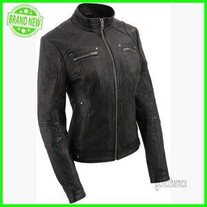 Lambskin Leather Racer Jacket with Fold Down Collar and Pockets